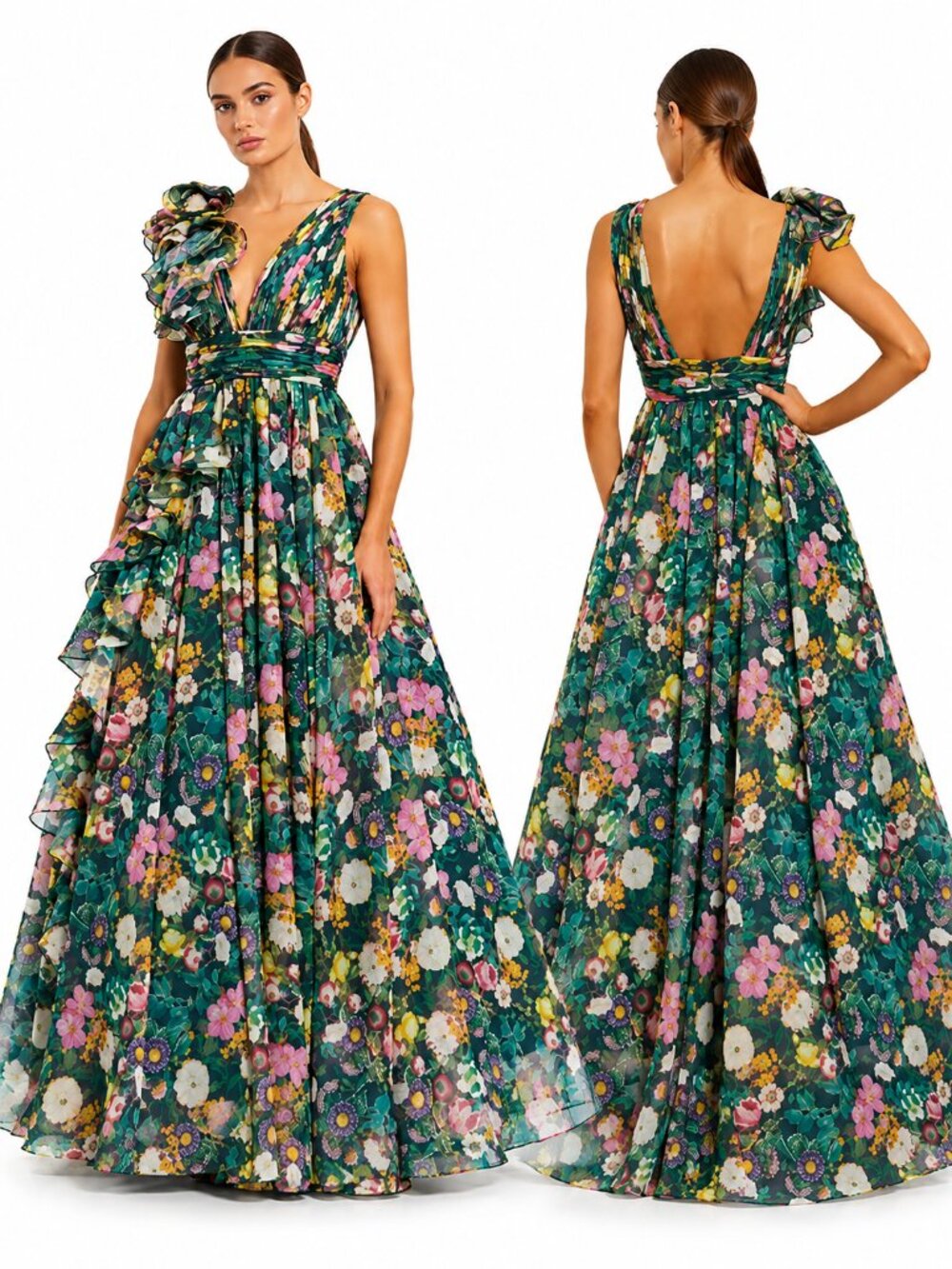 Mac Duggal Green Floral Plunging V-Neck Ruffled Maxi Gown Dress Size 6